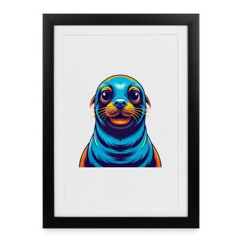 phoque coloré Kawaii Dessin animé Personnage Clipart - Affiche encadrée (27 × 37 cm) - noir - Devant