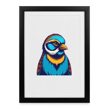 Moineau coloré Kawaii Dessin animé Personnage Clipart - Affiche encadrée (27 × 37 cm) - noir - Devant