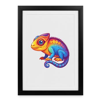 Caméléon coloré Kawaii dessin animé Personnage Animal - Affiche encadrée (27 × 37 cm) - noir - Devant