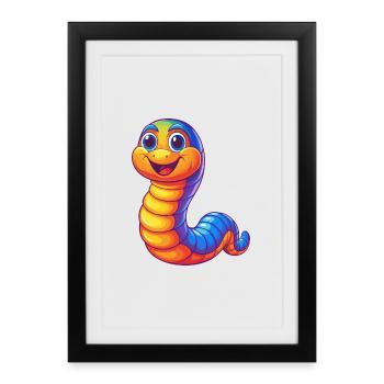 Ver de terre coloré Kawaii dessin animé Personnage Animal - Affiche encadrée (27 × 37 cm) - noir - Devant