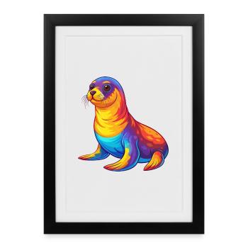 phoque coloré Kawaii Dessin animé Personnage Clipart - Affiche encadrée (27 × 37 cm) - noir - Devant
