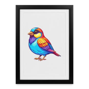 Moineau coloré Kawaii Dessin animé Personnage Clipart - Affiche encadrée (27 × 37 cm) - noir - Devant
