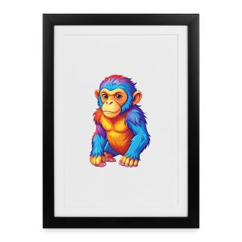 Singe coloré Kawaii Dessin animé Personnage Clipart - Affiche encadrée (27 × 37 cm) - noir - Devant