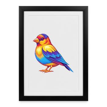 Chardonneret coloré Kawaii Dessin animé Personnage Oiseau - Affiche encadrée (27 × 37 cm) - noir - Devant