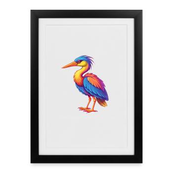 Héron coloré Kawaii dessin animé Personnage Oiseau - Affiche encadrée (27 × 37 cm) - noir - Devant