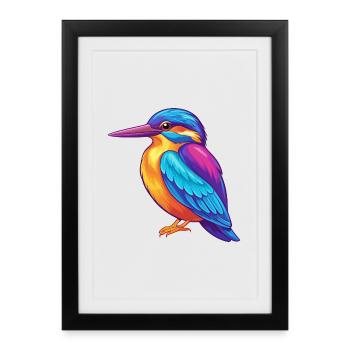 Martin-pêcheur coloré Kawaii Dessin animé Personnage Oiseau - Affiche encadrée (27 × 37 cm) - noir - Devant