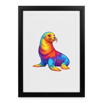 Lion de mer Kawaii coloré dessin animé Animal marin - Affiche encadrée (27 × 37 cm) - noir - Devant