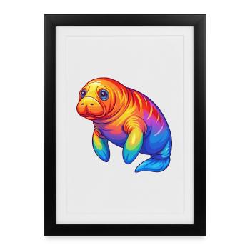 Lamantin coloré Kawaii dessin animé Animal marin - Affiche encadrée (27 × 37 cm) - noir - Devant