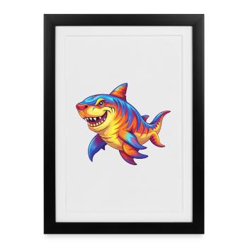 Tigre Requin Coloré Kawaii Dessin Animé Animal Marin - Affiche encadrée (27 × 37 cm) - noir - Devant