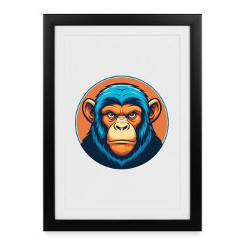 Chimpanzé mignon Kawaii dessin animé Animal Animal Logo - Affiche encadrée (27 × 37 cm) - noir - Devant