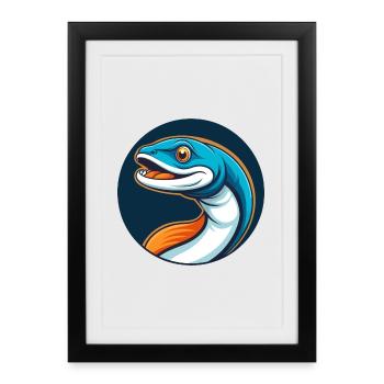 Anguille mignon kawaii dessin animé Clipart Animal Pet Logo - Affiche encadrée (27 × 37 cm) - noir - Devant