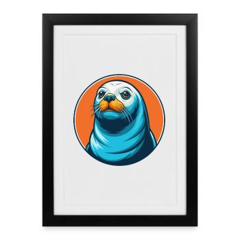 phoque mignon kawaii dessin animé clipart animal de compagnie logo - Affiche encadrée (27 × 37 cm) - noir - Devant
