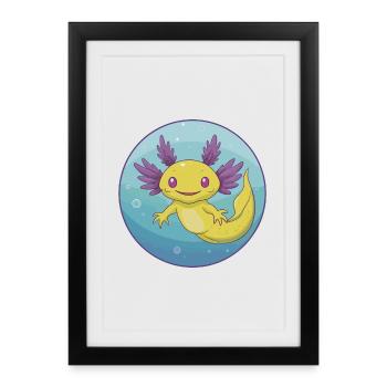 axolotl mignon kawaii dessin animé clipart animal de compagnie - Affiche encadrée (27 × 37 cm) - noir - Devant