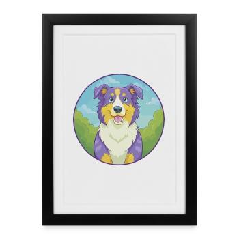 Berger australien chien mignon Kawaii dessin animé Animal - Affiche encadrée (27 × 37 cm) - noir - Devant
