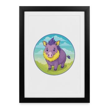 sanglier mignon kawaii dessin animé clipart animal de compagnie - Affiche encadrée (27 × 37 cm) - noir - Devant