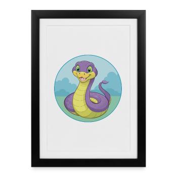 Cobra Mignon Kawaii Dessin animé Clipart Animal de compagnie - Affiche encadrée (27 × 37 cm) - noir - Devant