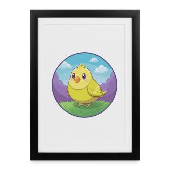 Canari Oiseau Mignon Kawaii Dessin animé Clipart Animal de compagnie - Affiche encadrée (27 × 37 cm) - noir - Devant