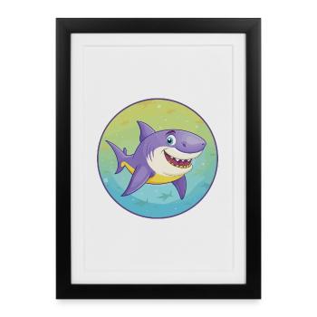 requin mignon kawaii dessin animé clipart animal de compagnie - Affiche encadrée (27 × 37 cm) - noir - Devant