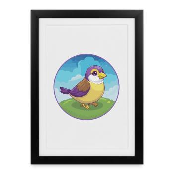 Moineau mignon Kawaii dessin animé Clipart Animal de compagnie - Affiche encadrée (27 × 37 cm) - noir - Devant