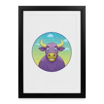 Taureau mignon Kawaii dessin animé Clipart Animal de compagnie - Affiche encadrée (27 × 37 cm) - noir - Devant