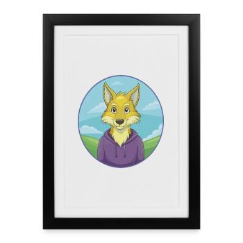 Coyote mignon Kawaii dessin animé Clipart Animal de compagnie - Affiche encadrée (27 × 37 cm) - noir - Devant