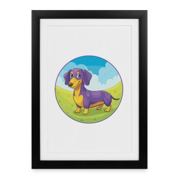 Teckel chien mignon Kawaii dessin animé Clipart Animal - Affiche encadrée (27 × 37 cm) - noir - Devant