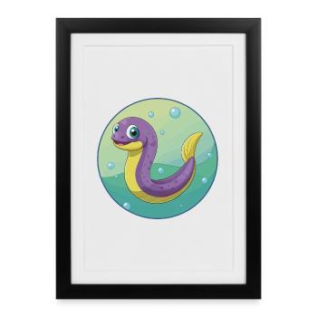 Anguille mignon kawaii dessin animé Clipart animal de compagnie - Affiche encadrée (27 × 37 cm) - noir - Devant
