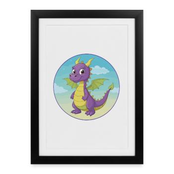 Dragon Mignon Kawaii Dessin animé Clipart Animal de compagnie - Affiche encadrée (27 × 37 cm) - noir - Devant