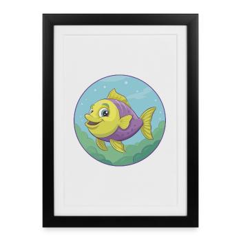 Poisson Mignon Kawaii Dessin animé Clipart Animal de compagnie - Affiche encadrée (27 × 37 cm) - noir - Devant