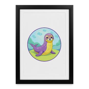 phoque mignon Kawaii dessin animé Clipart animal de compagnie - Affiche encadrée (27 × 37 cm) - noir - Devant