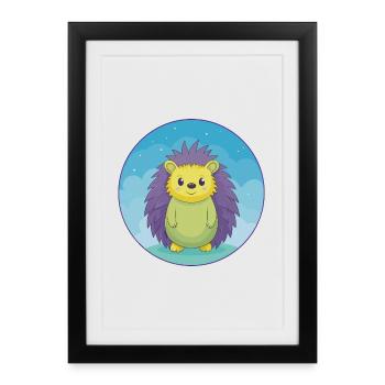 hérisson mignon kawaii dessin animé clipart animal de compagnie - Affiche encadrée (27 × 37 cm) - noir - Devant