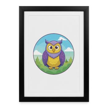 hibou mignon Kawaii dessin animé Clipart animal de compagnie - Affiche encadrée (27 × 37 cm) - noir - Devant