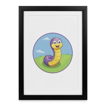 Ver de terre mignon Kawaii dessin animé Clipart Animal de compagnie - Affiche encadrée (27 × 37 cm) - noir - Devant