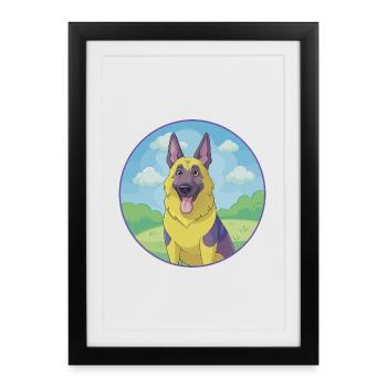Berger allemand chien mignon Kawaii dessin animé animal de compagnie - Affiche encadrée (27 × 37 cm) - noir - Devant
