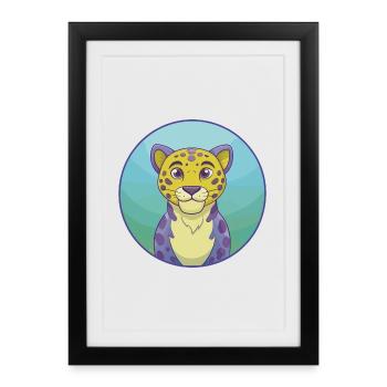 Léopard Mignon Kawaii Dessin animé Clipart Animal Animal de compagnie - Affiche encadrée (27 × 37 cm) - noir - Devant