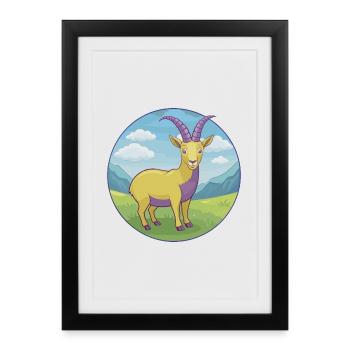 Bouquetin mignon Kawaii dessin animé Clipart Animal de compagnie - Affiche encadrée (27 × 37 cm) - noir - Devant