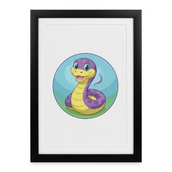 Serpent Mignon Kawaii Dessin animé Clipart Animal Animal de compagnie - Affiche encadrée (27 × 37 cm) - noir - Devant