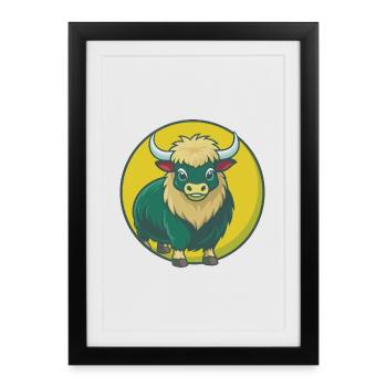 Yak Mignon Kawaii Dessin animé Clipart Animal de compagnie - Affiche encadrée (27 × 37 cm) - noir - Devant