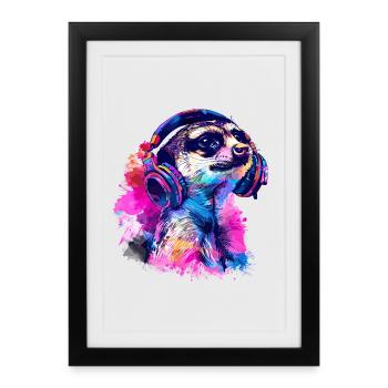 Meerkat Erdhündchen Scharrtier mit Headphones - Affiche encadrée (27 × 37 cm) - noir - Devant