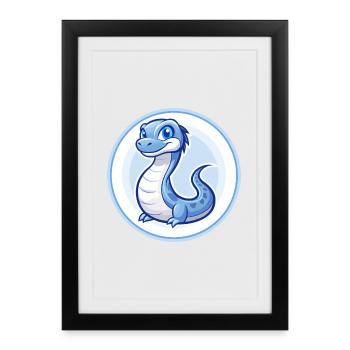 Basilic Bleu Kawaii Dessin Animé Personnage Clipart Animal de compagnie - Affiche encadrée (27 × 37 cm) - noir - Devant