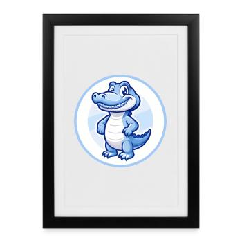 Crocodile Bleu Kawaii Dessin Animé Personnage Clipart - Affiche encadrée (27 × 37 cm) - noir - Devant