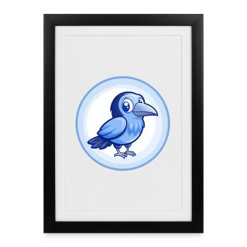 Crow Bleu Kawaii Dessin Animé Personnage Clipart Animal de compagnie - Affiche encadrée (27 × 37 cm) - noir - Devant