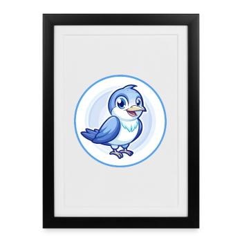 Coucou Oiseau Bleu Kawaii Dessin Animé Personnage Clipart - Affiche encadrée (27 × 37 cm) - noir - Devant