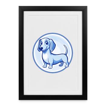 Teckel Chien Bleu Mignon Kawaii Dessin animé Clipart Animal de compagnie - Affiche encadrée (27 × 37 cm) - noir - Devant