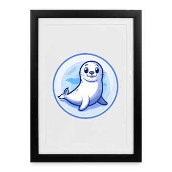 phoque bleu kawaii dessin animé personnage clipart animal de compagnie - Affiche encadrée (27 × 37 cm) - noir - Devant