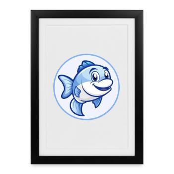 Poisson Bleu Kawaii Dessin Animé Personnage Clipart Animal de compagnie - Affiche encadrée (27 × 37 cm) - noir - Devant