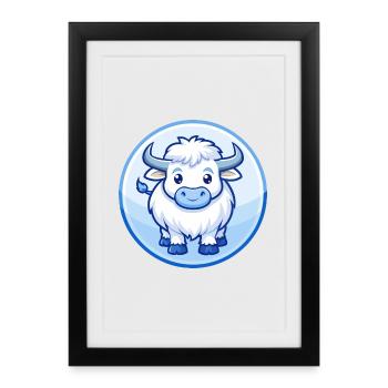 Yak Bleu Mignon Kawaii Dessin animé Personnage Clipart Animal de compagnie - Affiche encadrée (27 × 37 cm) - noir - Devant