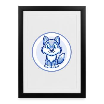 loup bleu kawaii dessin animé personnage clipart animal de compagnie - Affiche encadrée (27 × 37 cm) - noir - Devant