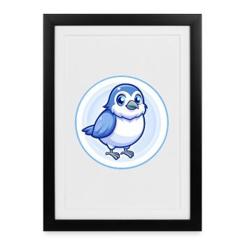 Moineau Bleu Kawaii Dessin Animé Personnage Clipart Animal de compagnie - Affiche encadrée (27 × 37 cm) - noir - Devant