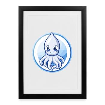calmar bleu kawaii dessin animé personnage clipart animal de compagnie - Affiche encadrée (27 × 37 cm) - noir - Devant